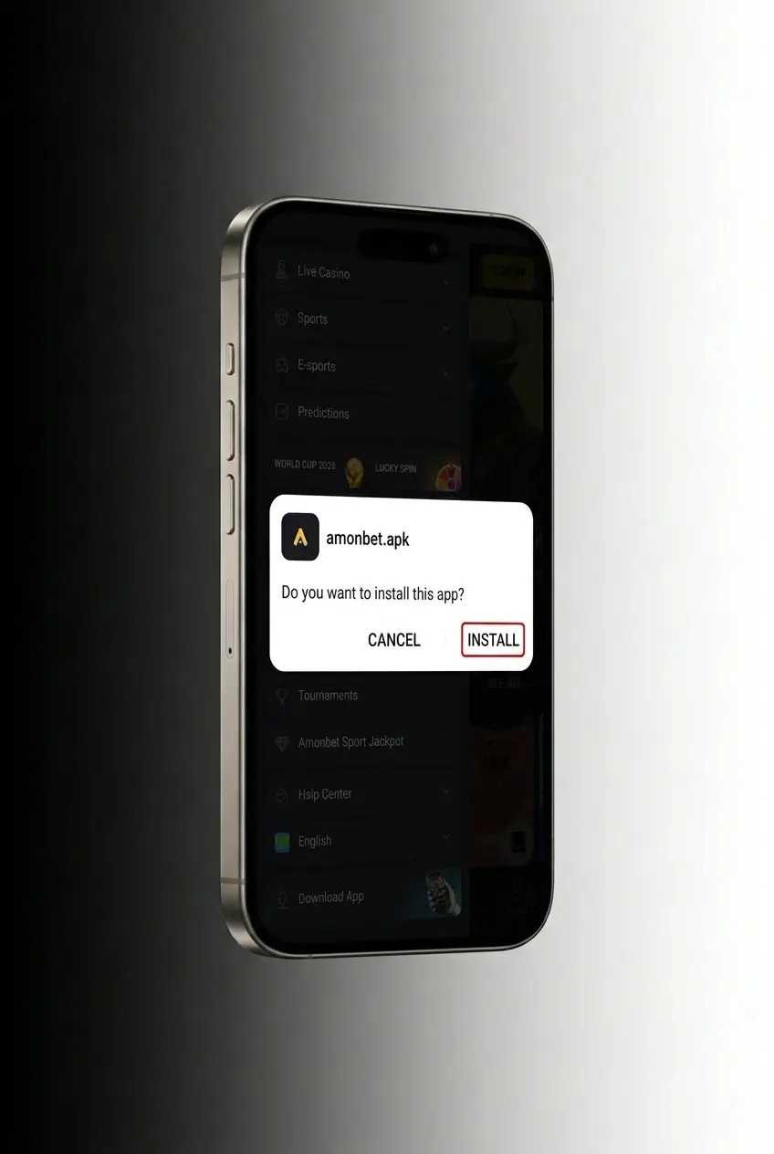 Amonbet APK download steps on Android showing settings, file install, and app launch in four simple stages