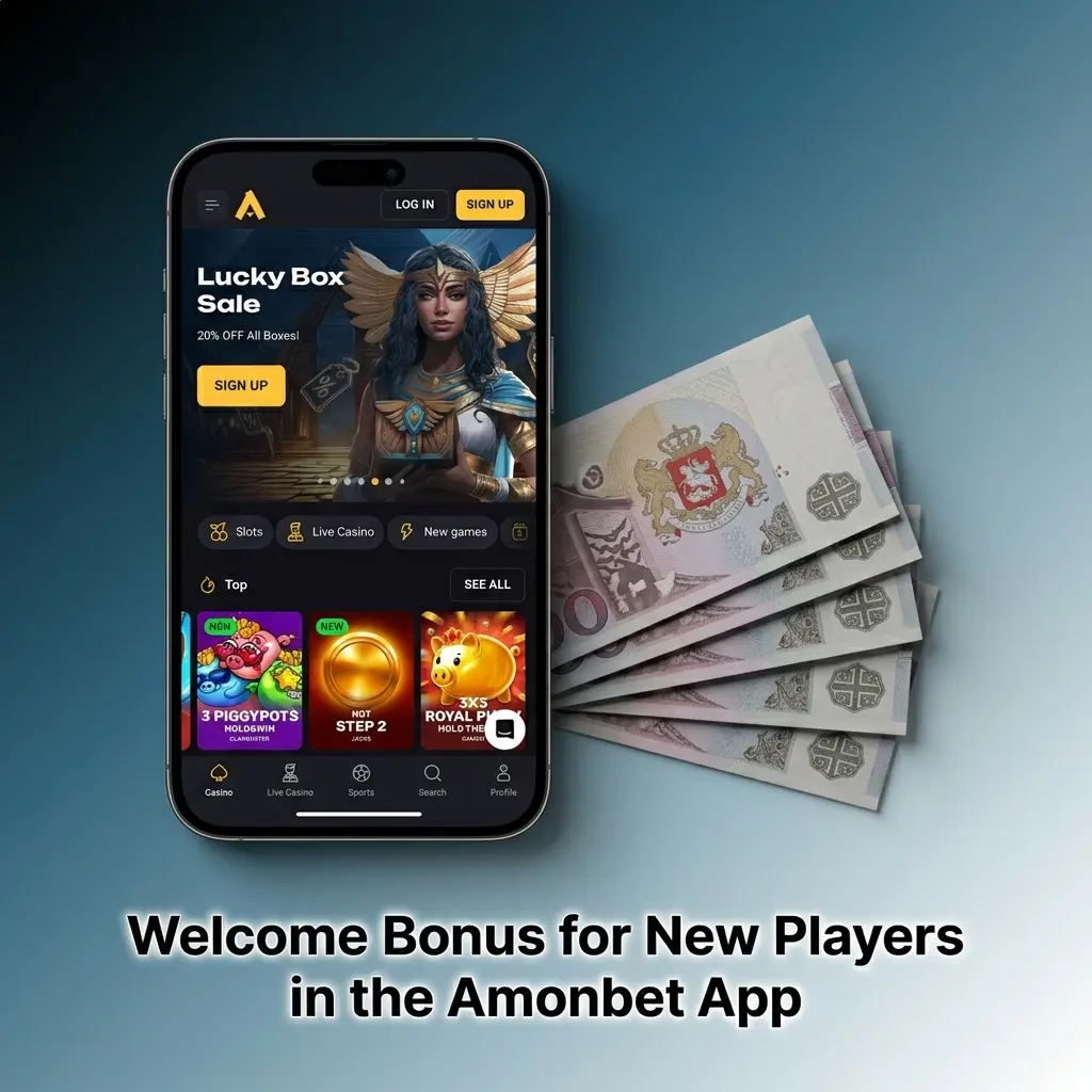Amonbet app welcome bonus options showing 100% match up to £1,000 for sports or casino plus 100 free spins
